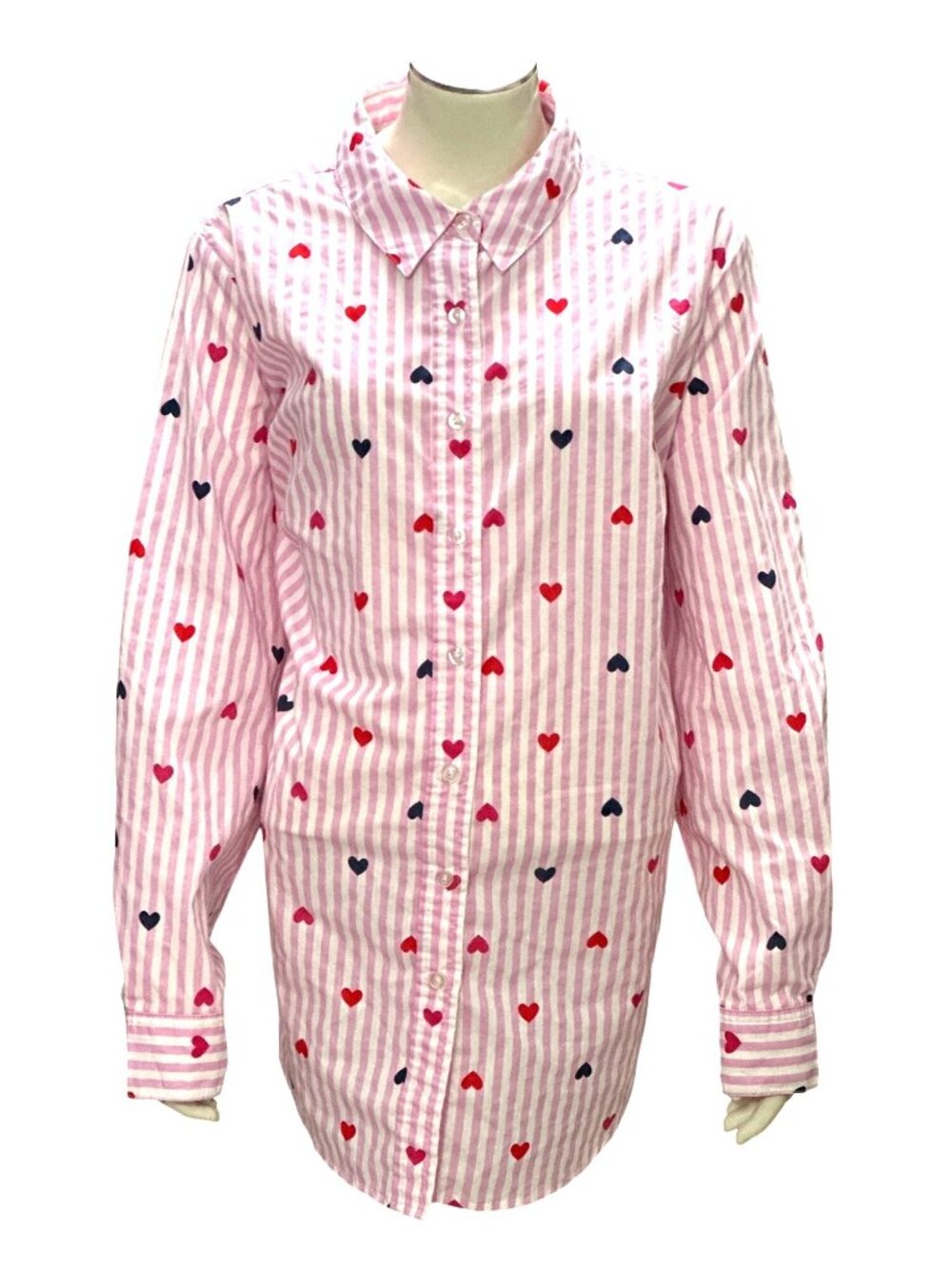 Woman Within 18 20 Pink Striped Heart Button Down Shirt Long Sleeve Loose Fit - Picture 3 of 11
